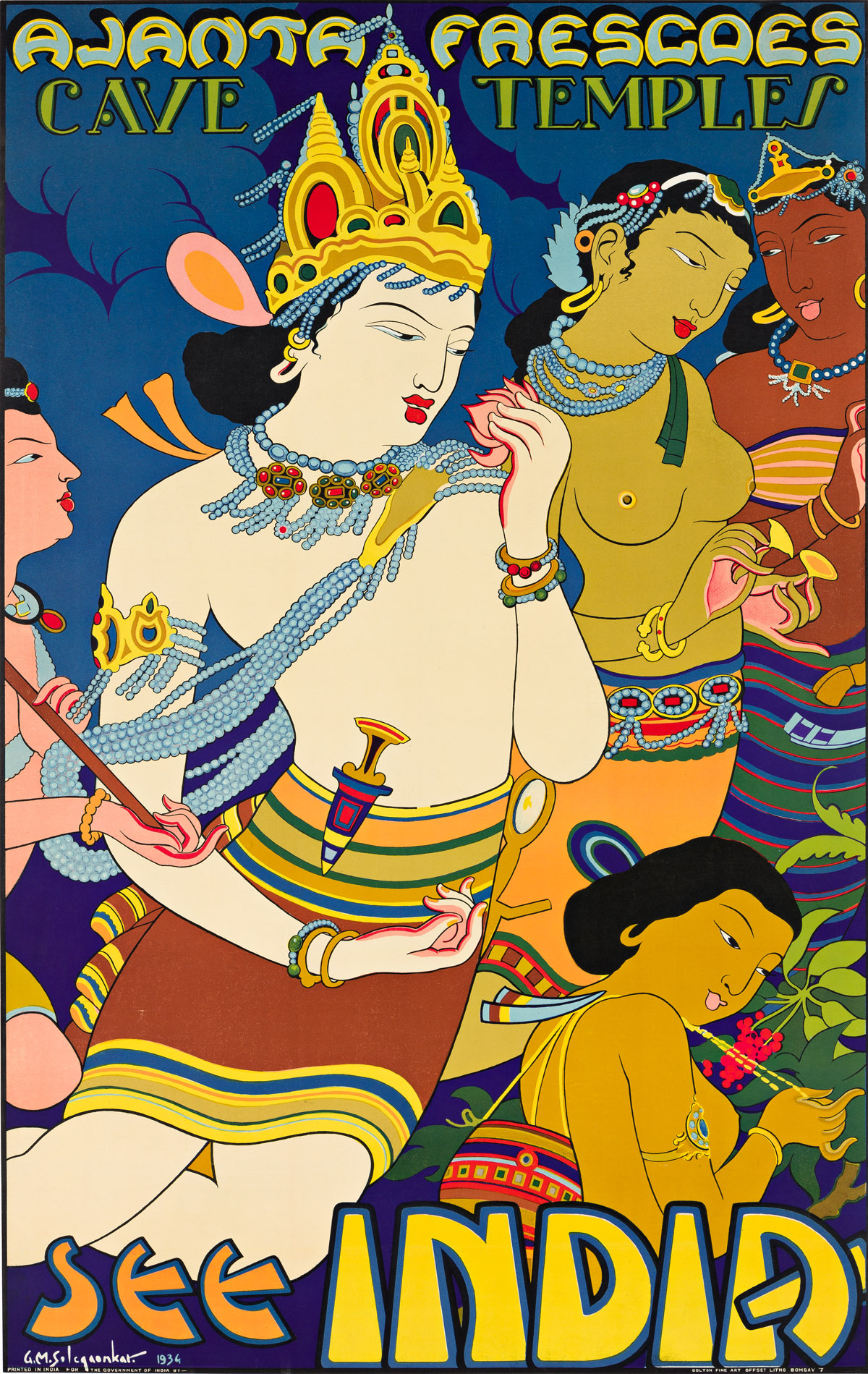 G.M. SOLCQUANDAR (DATES UNKNOWN).  SEE INDIA / AJANTA FRESCOES / CAVE TEMPLES. 1934. 39½x25 inches, 100¼x63½ cm. Bolton Fine Art, Bomba